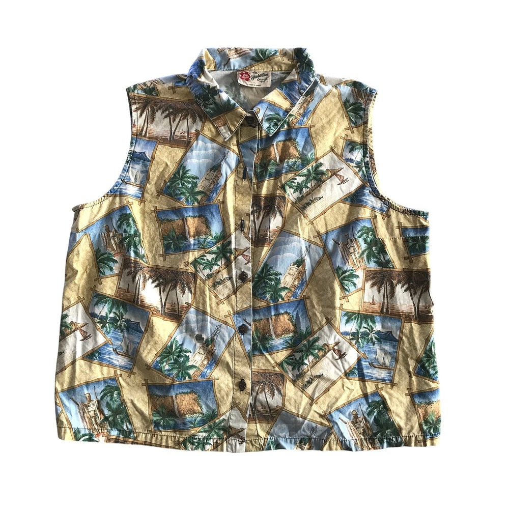 Hilo Hattie Hawaiian Postcard Print Sleeveless Shirt XL Yellow Tropical Made USA